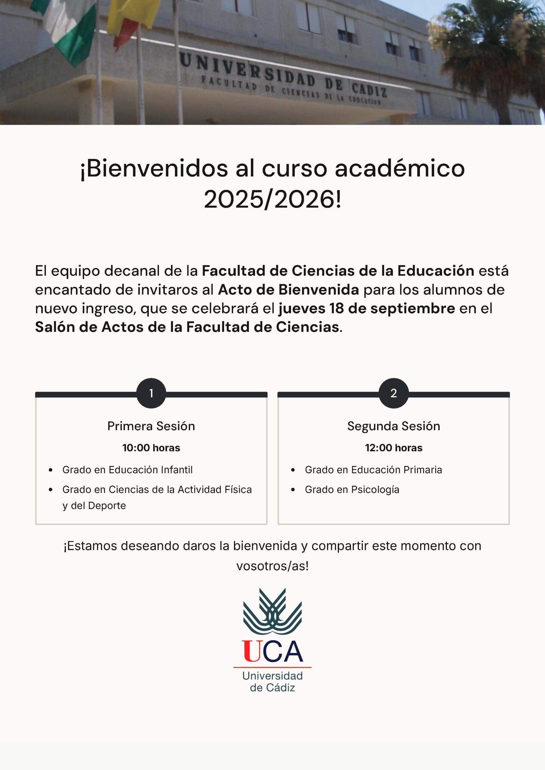JORNADAS DE BIENVENIDA 2025/26. Alumnos de Nuevo Ingreso